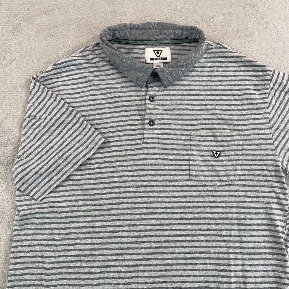 Vissla Polo Shirt Men XL Grey Striped Short Sleeve Beach Skate Grunge